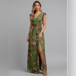 Boho Floral Print Ruffle Trim Slit Thigh Dress Without Belt Green